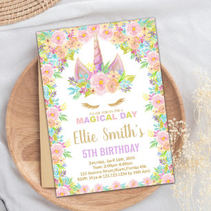 Floral Colours White Unicorn Birthday Invitations