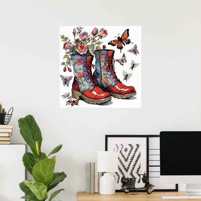 Floral Combat Boots with Flowers & Butterflies Poster (Home Office)