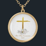 *~* Floral Communion AP35 Christian Confirmation Gold Plated Necklace<br><div class="desc">(( search id AP35 for similar designs and AP40 )) Flowers Floral Bouquet of Flowers at the base of a rustic plain Gold Jesus Cross. Remove , resize and edit whatever elements you want and can. Convert the design for any good vibe purpose you want. Transfer it to any Zazzle...</div>