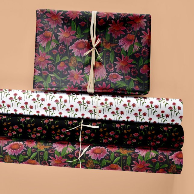 Floral Cone Flowers And Butterflies Decoupage Gift Wrapping Paper Sheet (Elegant Wildflowers Pink Orange Butterflies Wrapping Paper Sheets from Studio Posies. )