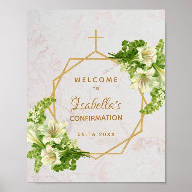 Floral Confirmation Gold Marble Lilies Welcome Poster (Front)