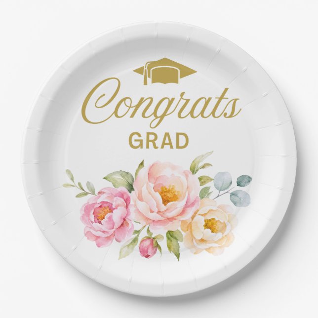 Floral Congrats Grad Plates Pink Peony Boho (Front)