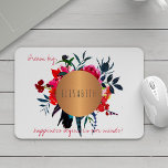 Floral copper circle inspiring words and your name mouse pad<br><div class="desc">Stylish girly glam sophisticated mouse pad with a beautiful watercolor bohemian hand painted red,  hot pink and navy blue peony roses and feathers bouquet and with a copper metallic looking circle having your name inside. Personalise it with your name and your inspiring text \ quote!</div>