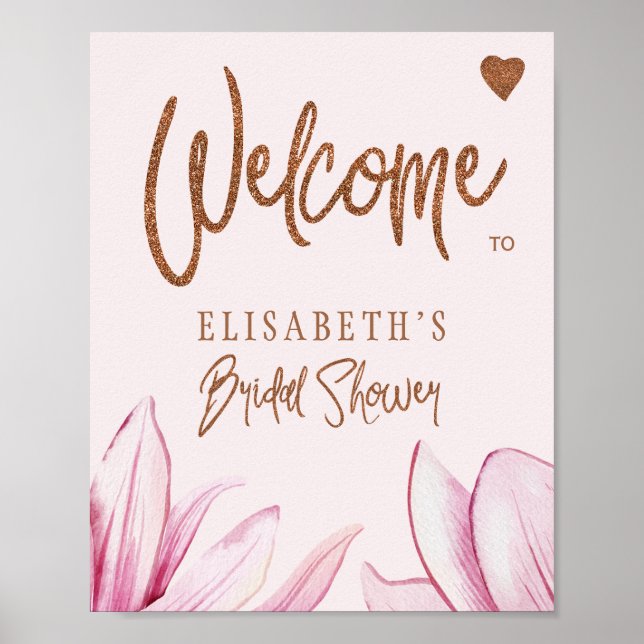 Floral copper glitter bridal shower welcome sign (Front)