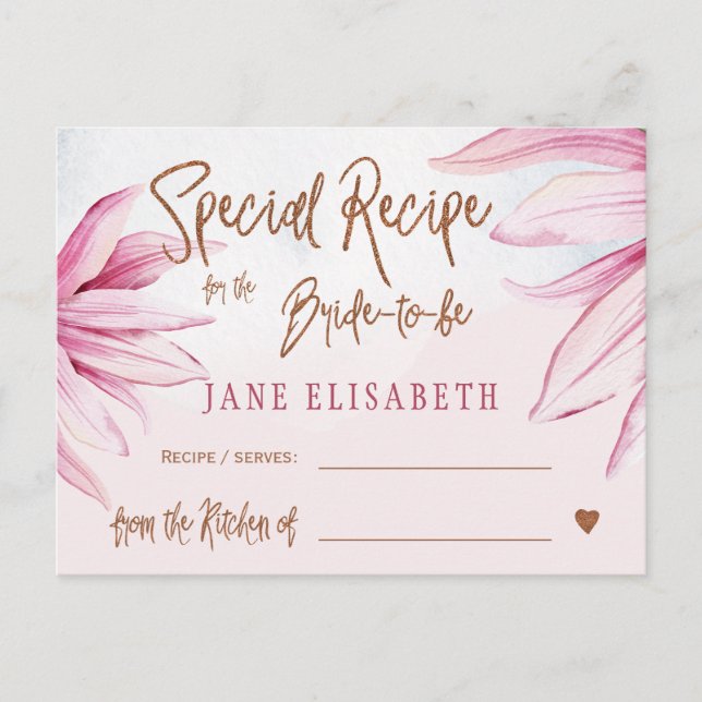 Floral copper glitter script bridal shower recipe postcard (Front)