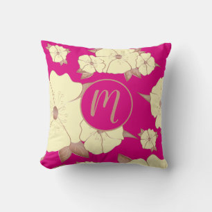 Floral Copper Pastel Yellow on Fuchsia background Cushion