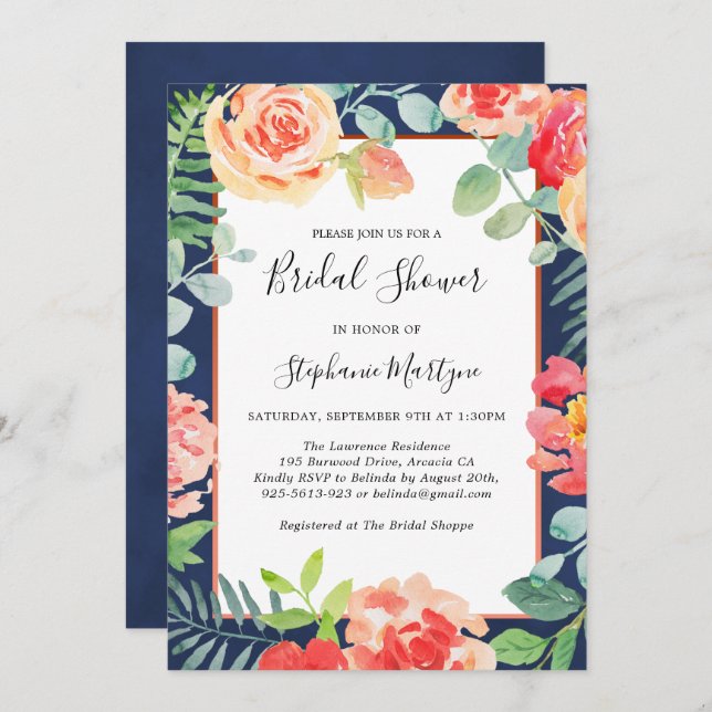 Floral Coral Foliage Navy Blue Bridal Shower Invitation (Front/Back)