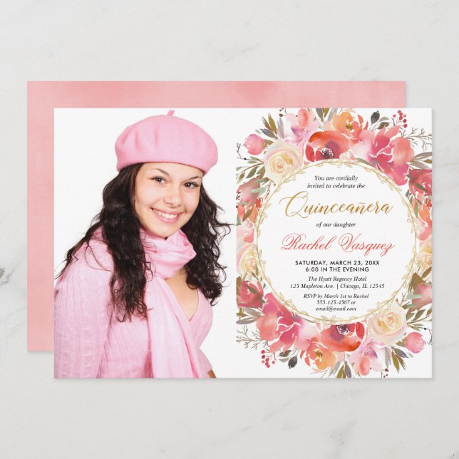 Floral coral pink gold garden Quinceanera photo Invitation (Front/Back)