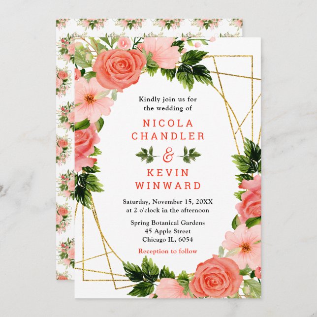 Floral Coral Red Roses with Foliage Wedding Invitation (Front/Back)