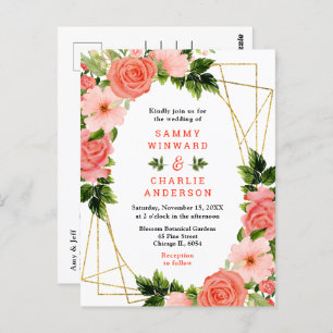 Floral Coral Red Roses with Foliage Wedding Postcard