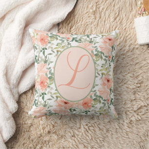Floral Coral Script Monogram Cushion