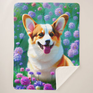 Floral Corgi Sherpa Blanket