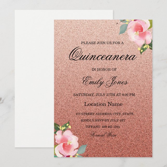 Floral Corol faux glitter Quinceanera Invitation (Front/Back)
