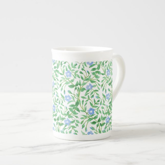 Floral Country-style Blue White Periwinkle Pattern Bone China Mug (Front Right)