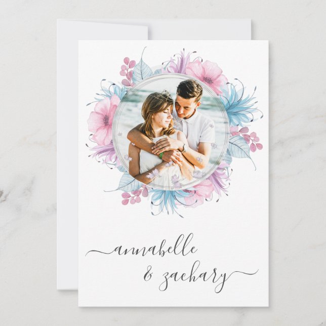 *~* Floral Couple PHOTO RSVP + QR  AR6 Wedding Inv Invitation (Front)
