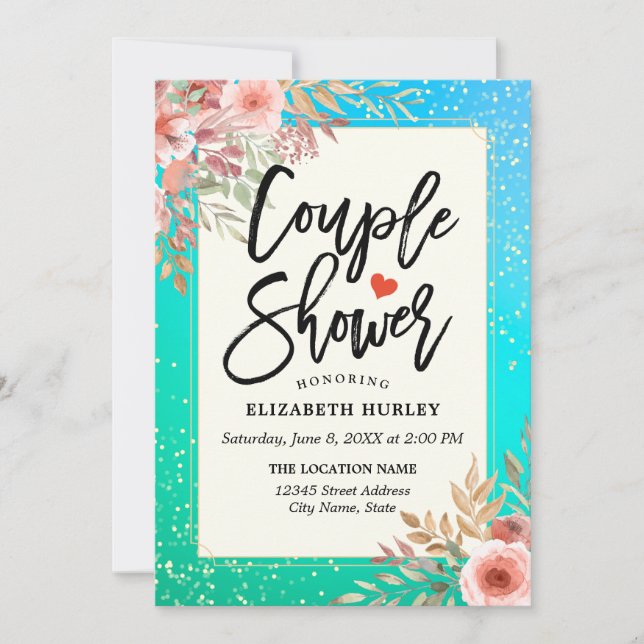 Floral Couple Shower / Bridal Shower Teal Gold Dot Invitation (Front)
