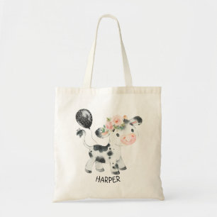 Floral Cow Balloon Personalised Tote Bag
