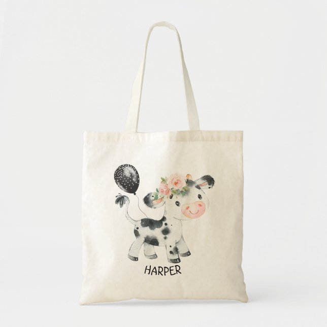 Floral Cow Balloon Personalised Tote Bag (Front)