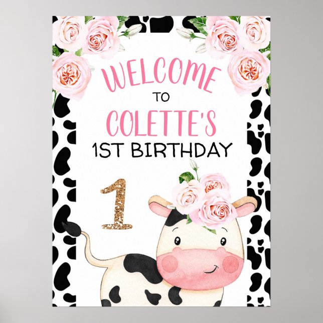 Floral Cow Cow Print Birthday Party Welcome Sign (Front)