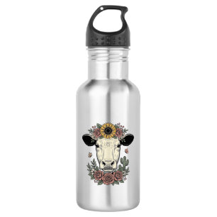 Floral Cow Head Vintage Engraving Design_1 532 Ml Water Bottle