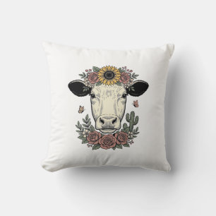 Floral Cow Head Vintage Engraving Design_1 Cushion