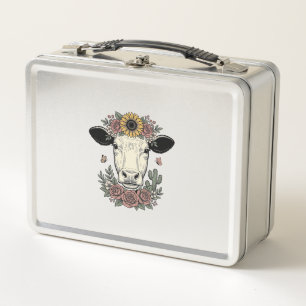 Floral Cow Head Vintage Engraving Design_1 Metal Lunch Box
