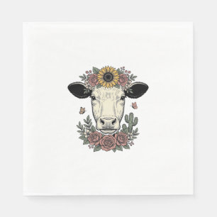 Floral Cow Head Vintage Engraving Design_1 Napkin