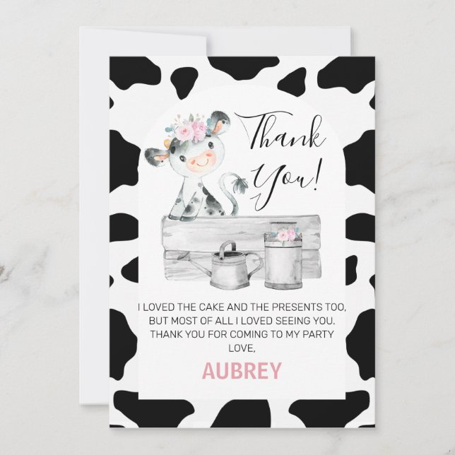 Floral Cow Print Birthday Thank You Card (Front)