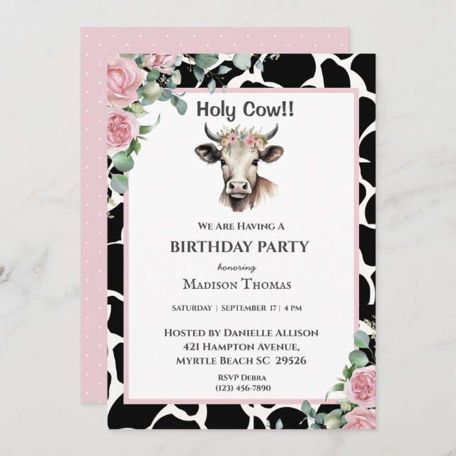 Floral Cow Print Girls Birthday Party Invitation (Front/Back)