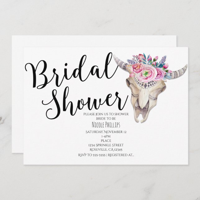 Floral Cow Skull Boho Bridal Shower Invitation (Front/Back)