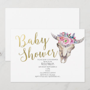 Floral Cow Skull Gold Boho Baby Shower Invitation