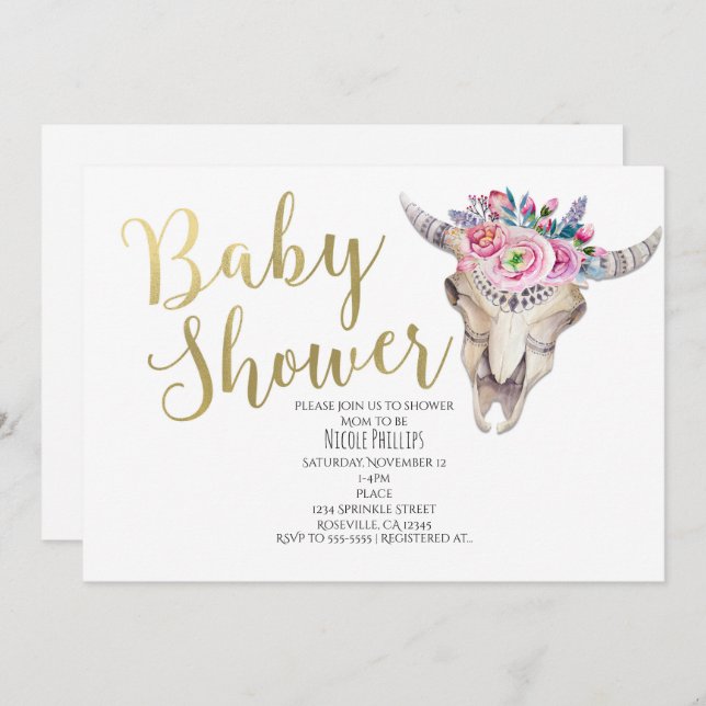 Floral Cow Skull Gold Boho Baby Shower Invitation (Front/Back)