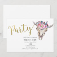 Floral Cow Skull Gold Boho PARTY Invitation
