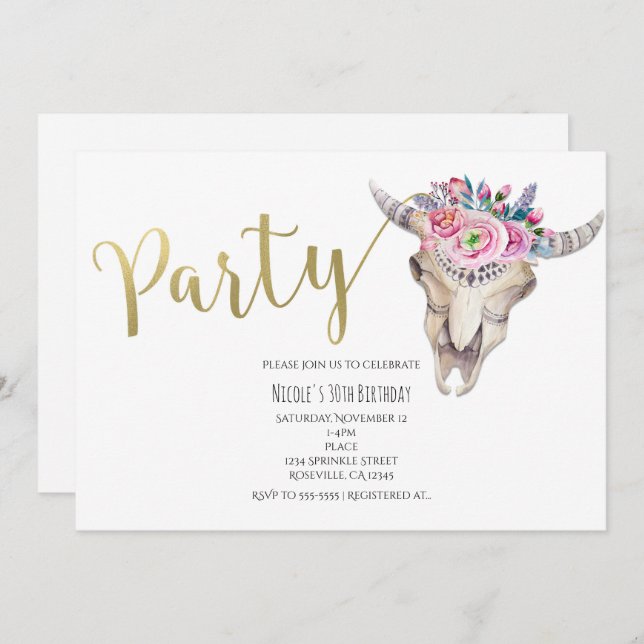 Floral Cow Skull Gold Boho PARTY Invitation (Front/Back)