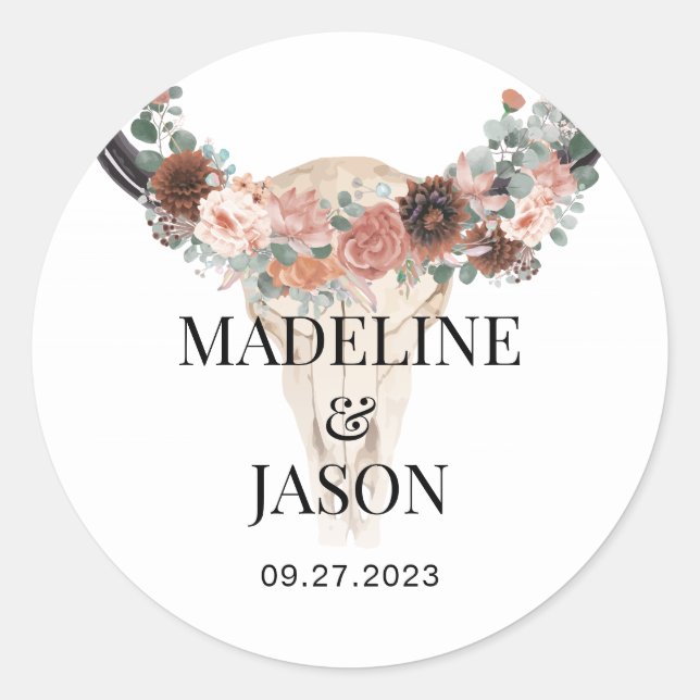 Floral Cow Skull Wedding Favour Classic Round Sticker (Front)