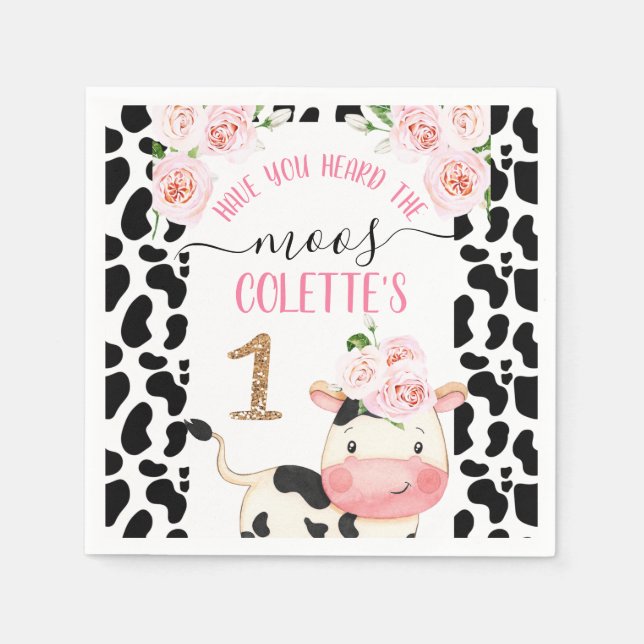 Floral Cow with Cow Print Birthday Paper Napkin (Front)