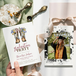 Floral Cowboy Boots Western Graduation Party Invitation