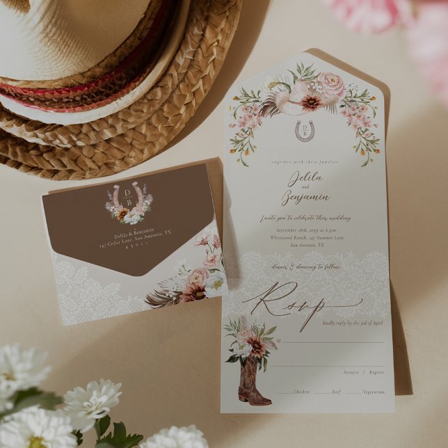 Floral Cowboy Hat Country Western Monogram Wedding All In One Invitation (Floral Cowboy Hat Country Western Monogram Wedding All In One Invitation)