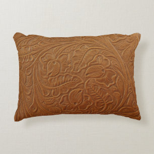 Floral cowboy western decor, tan brown leather. decorative cushion