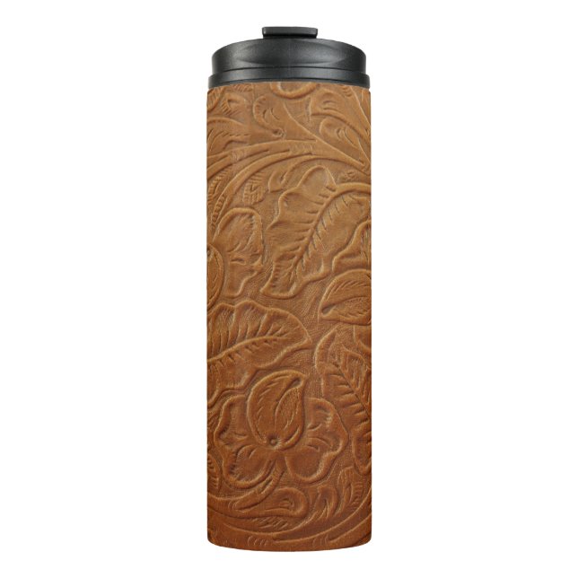 Floral cowboy western decor, tan brown leather. thermal tumbler (Front)