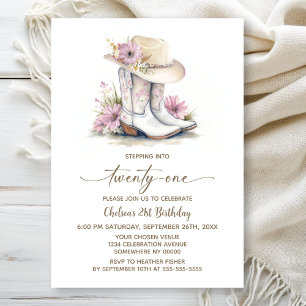 Floral Cowgirl Boots and Hat 21st Birthday Party Invitation