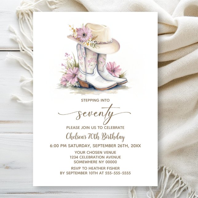 Floral Cowgirl Boots and Hat 70th Birthday Party Invitation (Creator Uploaded)