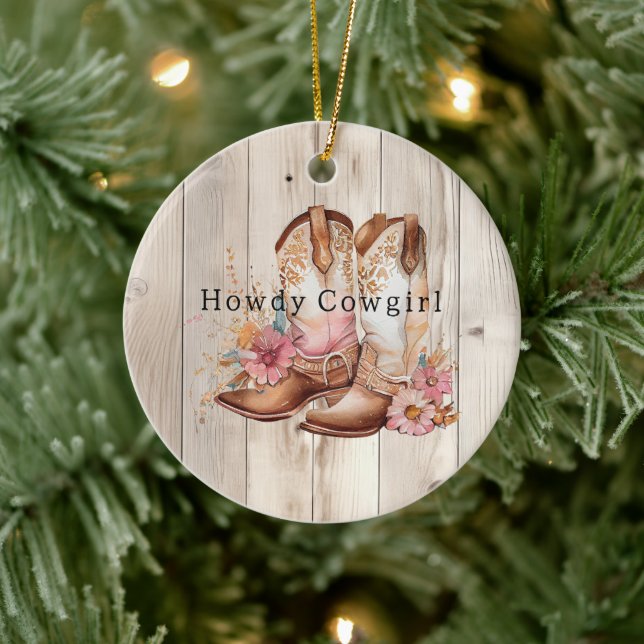 Floral Cowgirl Boots Ivory Faux Wood Personalised  Ceramic Ornament (Tree)
