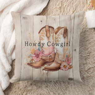 Floral Cowgirl Boots Ivory Faux Wood Personalised  Cushion