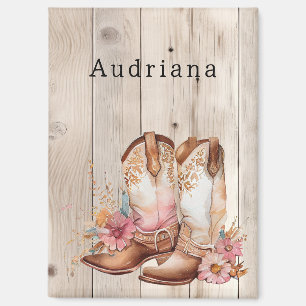 Floral Cowgirl Boots Ivory Faux Wood Personalised  Magnet