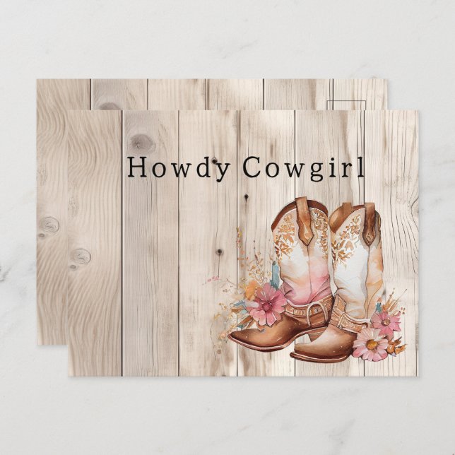 Floral Cowgirl Boots Ivory Faux Wood Personalised  Postcard (Front/Back)