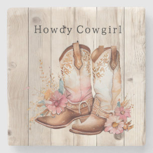 Floral Cowgirl Boots Ivory Faux Wood Personalised  Stone Coaster