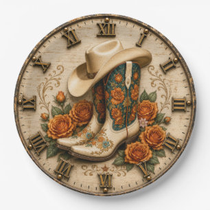 Floral Cowgirl Boots Western Cowboy Hat Rustic  Paper Plate