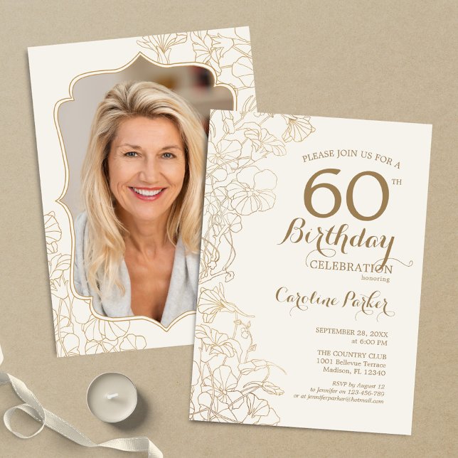 Floral Cream Gold Photo 60th Birthday Party Invitation (Creator Uploaded)