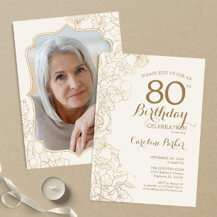 Floral Cream Gold Photo 80th Birthday Party Invitation